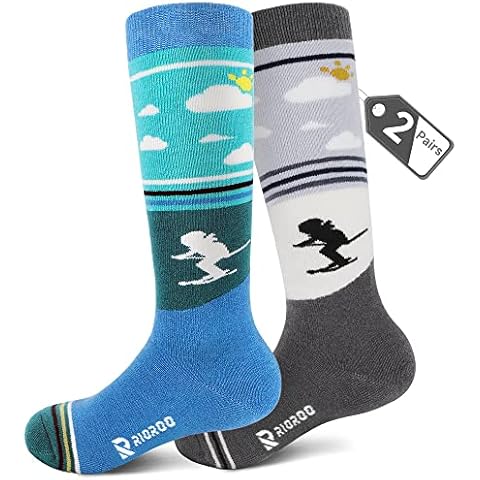 RIOROO 2 Pairs Kids Ski Socks Merino Wool Thick Thermal Padded Long Ski Sock For Boys Girls Snow Socks Over the Calf Winter Outdoor Socks Skating Hiking Cover