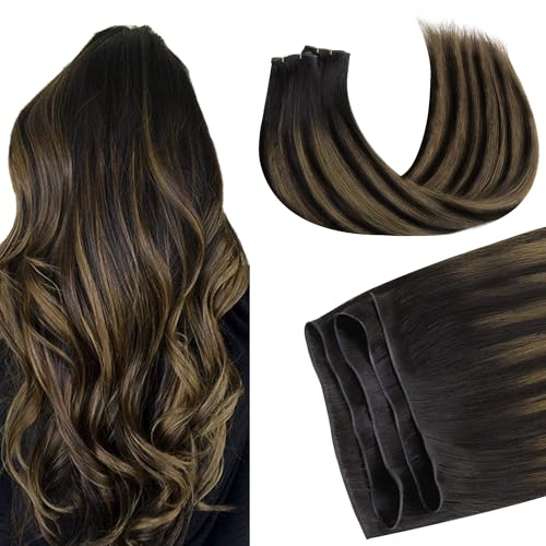GOO GOO Genius Weft Hair Extensions Human Hair, Sew In Weft Extensions, Seamless Blend & No Bulk Flat, Natural Volume for Women, 4/27/4 Balayage Chocolate Brown to Caramel Blonde 16 Inch 100g