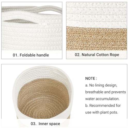 Image of Dahey Jute Spliced Cotton Rope Plant Basket Modern Woven Storage Basket for 12 inch Floor Indoor Planter, Decorative Flower Pots Cover Laundry Bin with Handle Rustic Home Decor, White and Beige