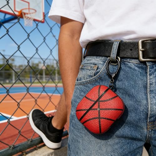 Image of Basketball AirPods 4 Case, PU Leather Protective Cover Compatible with Apple AirPods 4th Generation 2024, Fits A3058 A3059, Keychain, Red