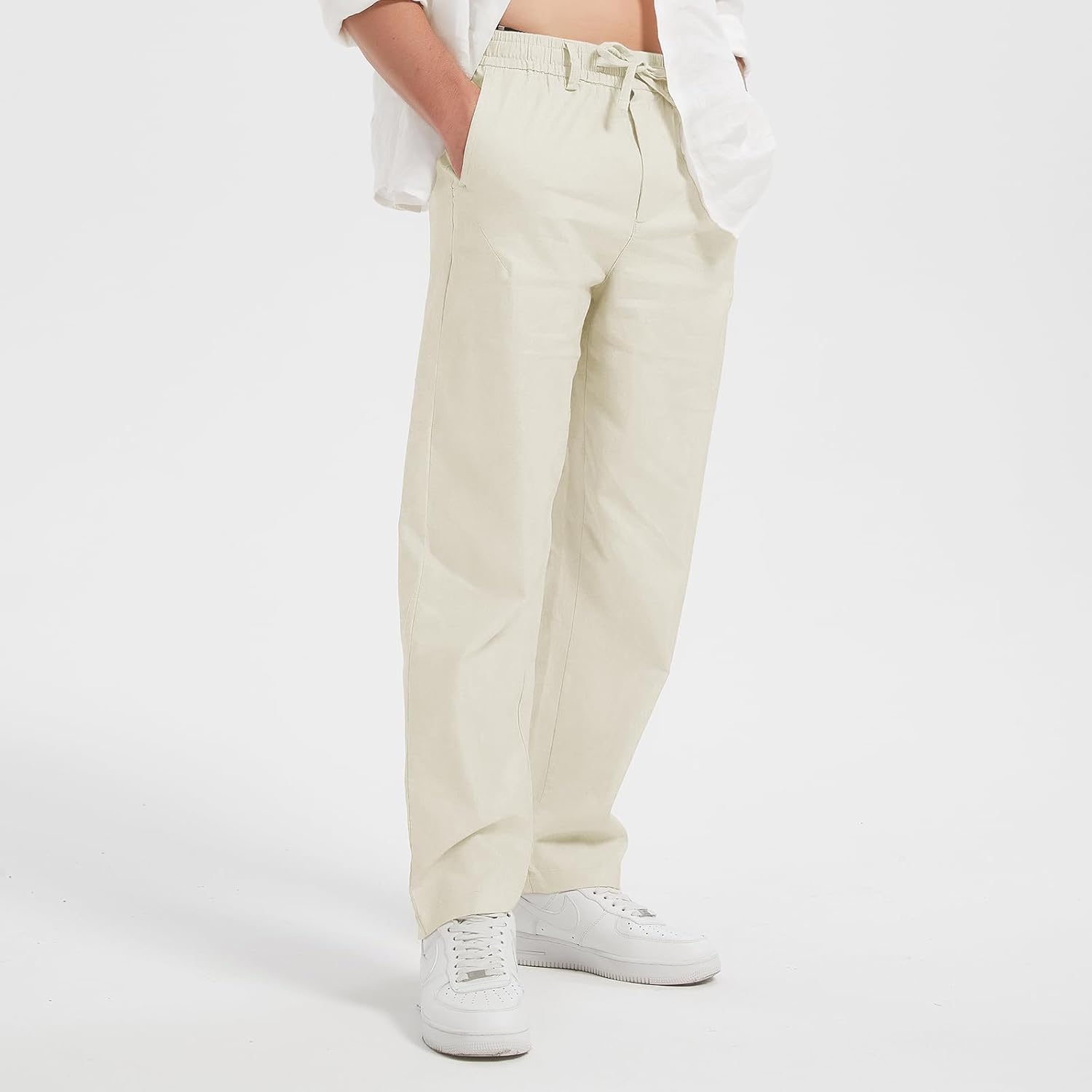 Isle Bay Linens Men's Cotton Linen Blend Pants,Regular Fit,Elastic Drawstring Waist Casual Pants with Pockets - Image 2