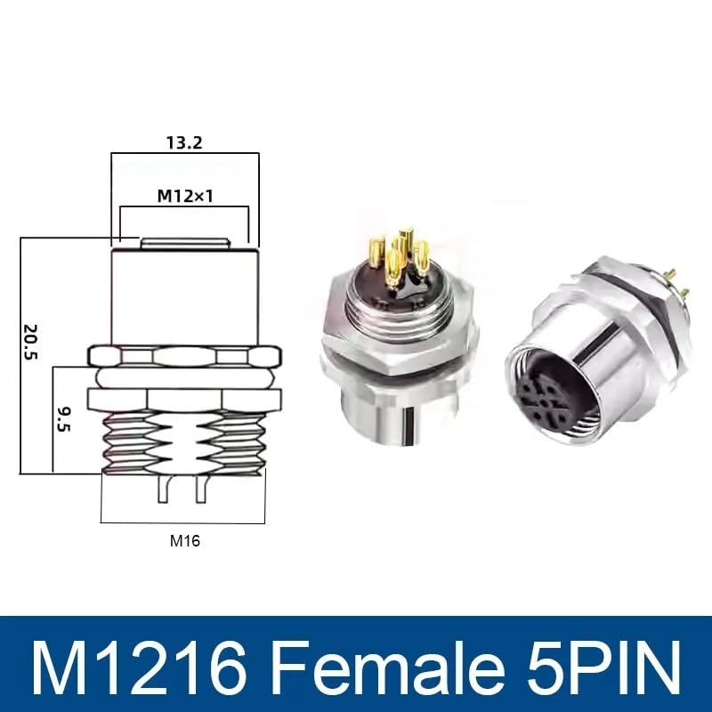 M12 Panel Back Mount Flange Socket Connector Screw Threaded Coupling Male Female 3 4 5 8Pin M1216 1Pcs(M1216 Female 5pin)