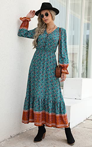 PRETTYGARDEN Long Sleeve Maxi Dress for Women V Neck Casual Button Down Boho Long Floral Dresses