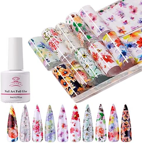 Makartt Nail Foil Glue Gel with 10PCS Flower Foil Transfer Stickers Set, Foil Nail Glues Gel Adhesive Nail Foil Decals Nail Design Kit for DIY Nail Decoration Women Girls(8ML)