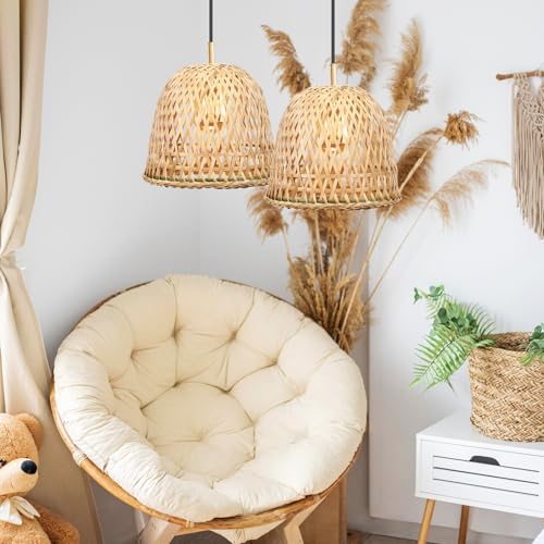 Image of Beavorty Rattan Lamp Shade 2 Pcs Wicker Lamp Shade Bamboo Woven Chandelier Lampshade Rattan Pendant Light for Ceiling Pendant Floor Khaki Japanese Decor