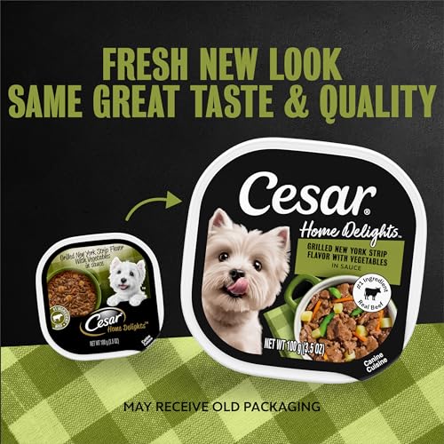 Image of Cesar Home Delights Wet Dog Food, New York Strip Steak, 3.5 oz, 24 Count | Real beef #1 ingredient, vegetables in sauce, easy to digest, no fillers /added sugar /artificial flavors, easy peel trays