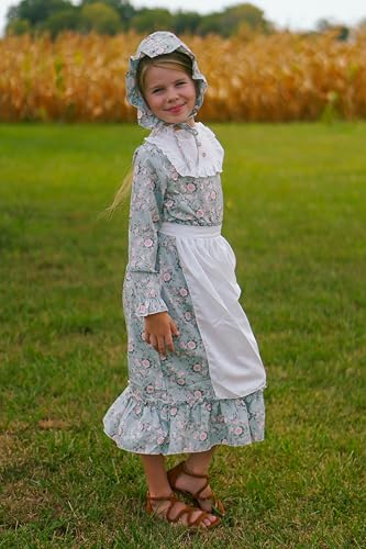 Girls Halloween Colonial Dress Prairie Pioneer Floral Long Sleeve 1800s Pilgrim Dresses with Apron and Bonnet2