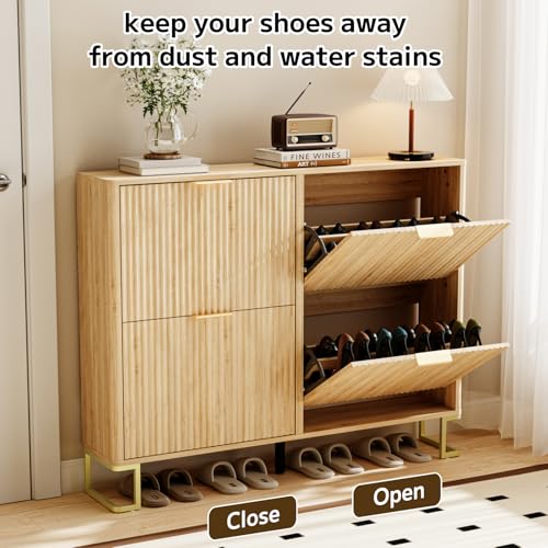 Image of Fluted Shoe Cabinet Storage with 4 Flip Drawers, Wood Narrow Hidden Shoe Cabinet with Metal Legs & Adjustable 2 Tier Shelf for Entryway, Freestanding Slim Shoe Rack Organizer for Hallway Living Room