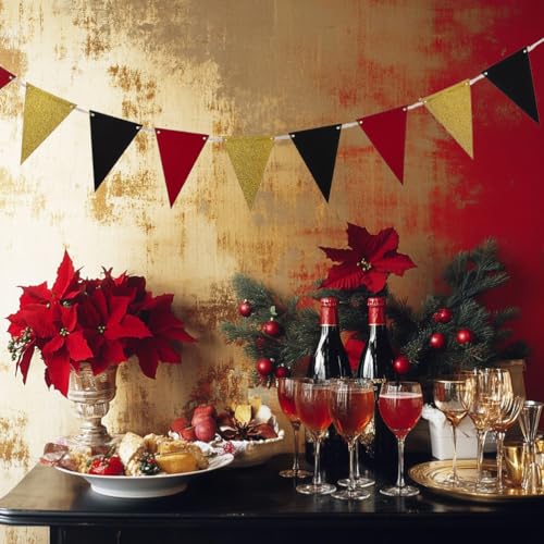 Image of MOWO Gold Black and Red Pennant Banner Paper Bunting, 30pc, 20 feet | Birthday Graduation Retirement New Year's Valentine's Day Party Hanging Decoration, Pack of 30 Counts Pennant, 20 feet