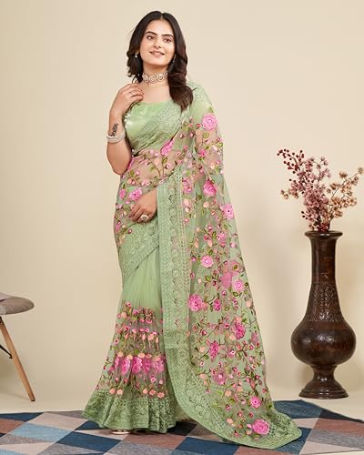 Image of VAIRAGEE Women's Beautiful Soft Net Embroidery Saree With Unstitched Blouse 6079