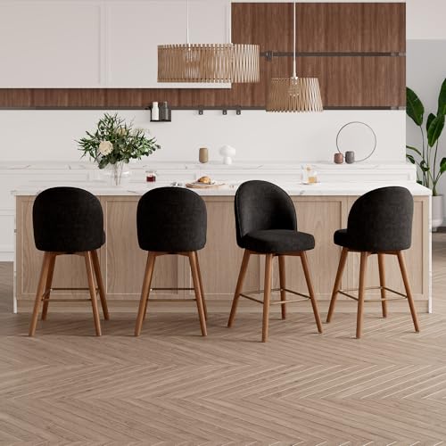 Image of Modern Swivel Bar Stools Set of 4, Chic Upholstered Counter Height(26IN) Bar Chair with Back, Solid Wood Legs and Footrest, Comfortable Chenille Bar Stool for Kitchen Island, Charcoal Black