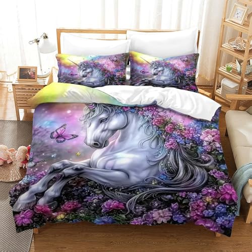 Parure de lit licorne effet magie florale 3D pour chambre - 3