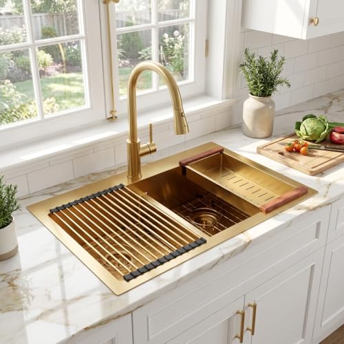 LQS Drop in Stainless Steel Kitchen Sink, 33" x 22" Large and Deep Double Bowl Kitchen Sink, 50/50 Gold Double Bowl Kitchen Sink Handmade Sink with Sink Drains, Sink Grids, Drying Rack and Colander by LQS - Used condition - CA$292.29