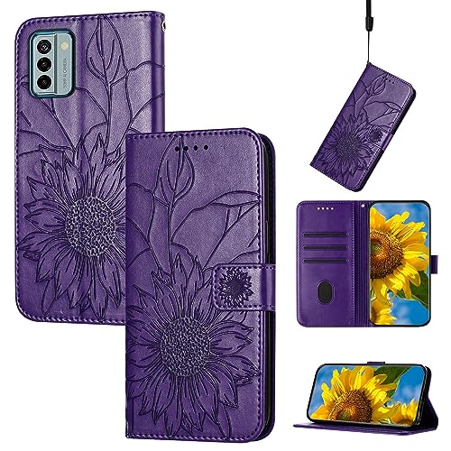 Étui pour Nokia G22 portefeuille en cuir violet foncé motif fleuri