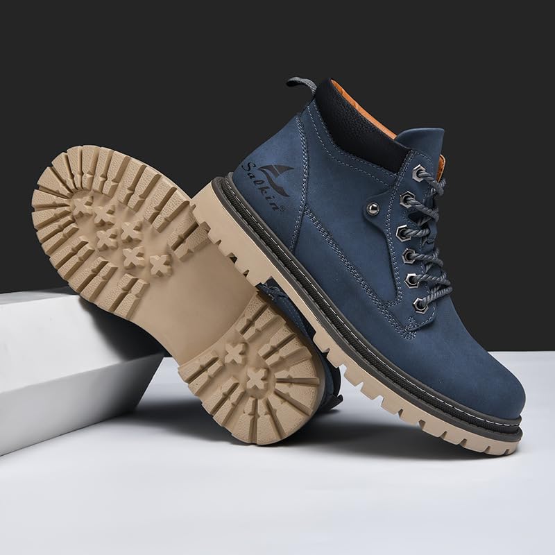 Men's Leather Round Toe High Top Chukka Work Boots Casual Lace Up Chunky Block Heel Lug Sole Non Slip Hiking Ankle Booties For Outdoor Climbing Daily3