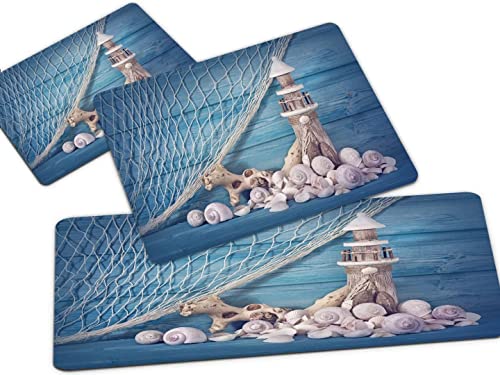 Lighthouse Kitchen Rug Sets 3 Piece Seashell Fishing Net Starfish Ocean Beach Nautical Coastal Farmhouse Marine Blue Floor Mats Washable Doormat Anti Fatigue Non-Slip Bedroom Runner Rugs Area Carpet #TOP6