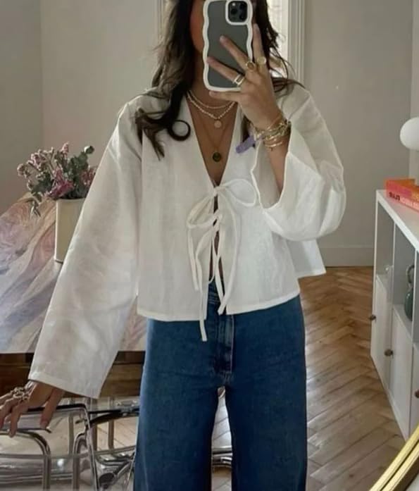 Chvity Tie Front Tops for Women Y2K Linen Shirts Flare Sleeve V Neck Going Out Coquette Clothes Casual Lace Up Bow Blouses3