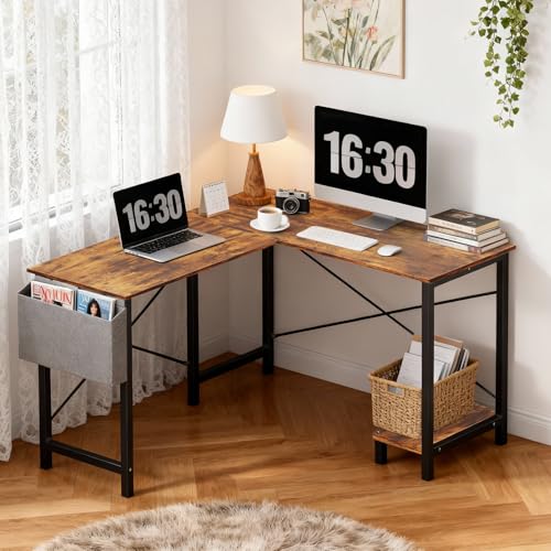 Image of OLIXIS L Shaped Desk, 50-Inch Office Computer Gaming Desks Corner PC Table with Side Bag and Reversible Shelf for Home Work Study Writing Rustic Brown