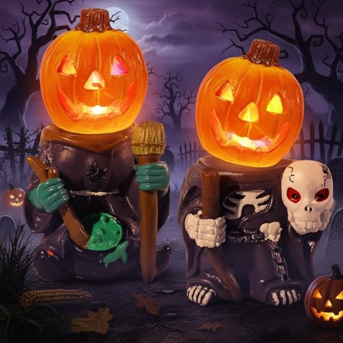 Exasinine 2Pcs Halloween Figurines 5.5' Resin Jack O’ Lantern Ornaments for Halloween Decorations...