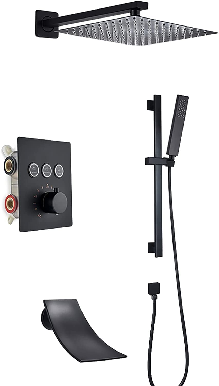 WXPGFEQ Thermostatic Shower System With Tub Spout Black Shower Faucet Set Wall Mounted Rainfall Shower Head System With Handheld Shower Set Rain Mixer Shower Combo Set,12 Inches,10 inches