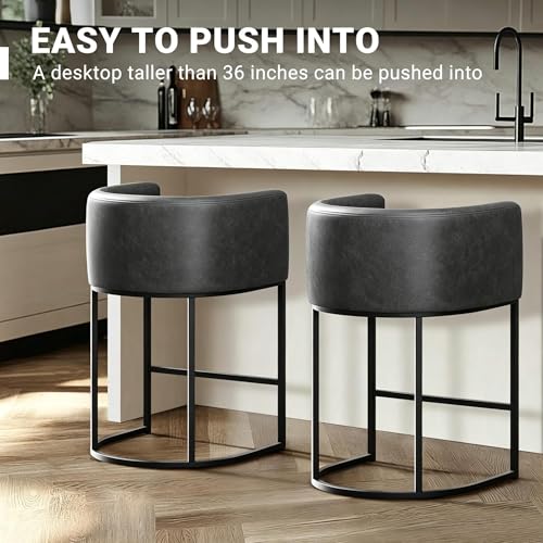 Image of 26 inch H Counter Height Bar Stools Set of 3, Modern Barrel Counter Stools with Backrest and Arms, Faux Leather Upholstered Accent Barstools for Kitchen Island,Support 450 LBS (Black)
