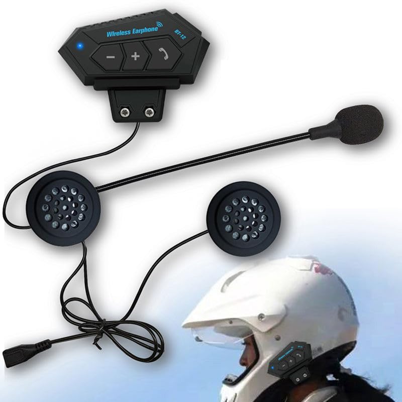 Image of SHOPEE Helmet BT Headset, BT12 Motorcycle Helmet BT Headset Headphone Speakers Support Handsfree Calling Hi-Fi Headphone Low Power Warning, Black