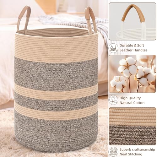 Image of Large Laundry Basket, Laundry Hamper with Leather Handles, 90L Woven Dirty Clothes Hamper, Rope Hampers for Bedroom, Barthroom, Dark Brown