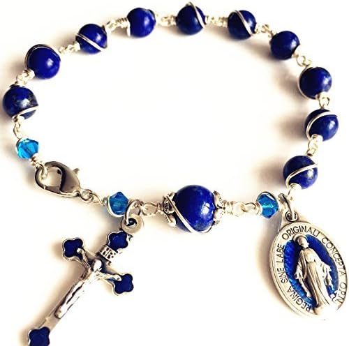 elegantmedical CATHOLIC Silver Wire Wraped Lapis lazul BEAD BRACELET ROSARY CROSS - Image 8