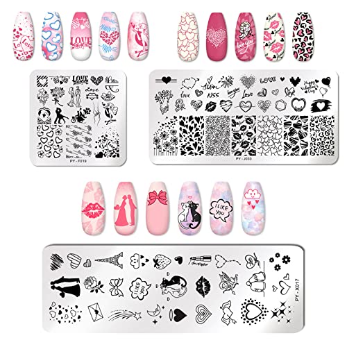 Whaline 6Pcs Valentine's Day Nail Art Plates with 1 Box Valentine's Day Nail Glitter Heart Patterns Stamping Plates Square Rectangular Image Stamp Templates Stamping Kit for DIY Nail Art Decoration - Image 5