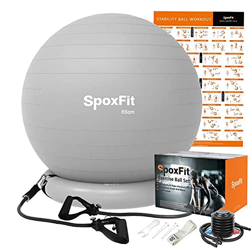 SpoxFit Ball Chair Yoga Ball Chair Exercise Ball Chair with Base for Home Office, Stability Ball & Balance Ball with Resistance Bands, Workout Poster, Home Gym Ball Anti Burst Design-65cm