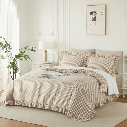 Image of Cupocupa Gingham Ruffle Comforter Set King - 3 Piece Tan Checkered Bedding Set - Aesthetic Cottagecore Ruffled Farmhouse Comforter with 2 Pillow Shams - Soft, Lightweight All Season Bedding