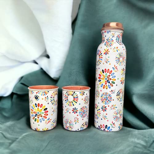 Image of Copper Water Bottle 1 Ltr | Copper Water Bottle with Glass Set | Meena Work | 100% Pure | Leak-Proof | 2 Water Glass 300ml each | Best for Gifting ((Balloon Design))