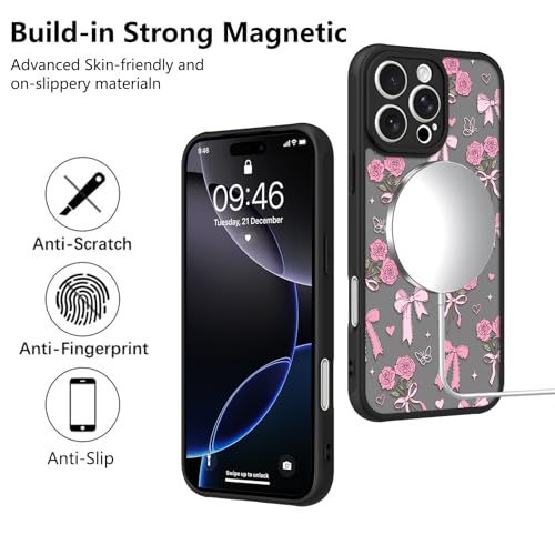 Image of KANGHAR Case for iPhone 16 Pro Max Bows Bouquet Pattern | [Compatible with Magsafe] Cute Flowers Florals Protective Magnetic Case for Girls Women Men
