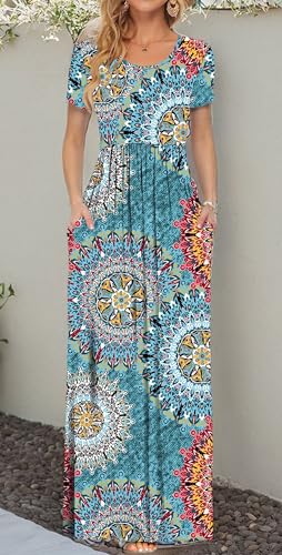 Image of AUSELILY Women's Summer Short Sleeve Loose Plain Casual Long Maxi Dresses | Year Round wear solid floral print, Casual wear, Empire waist, Floor length, Side pockets