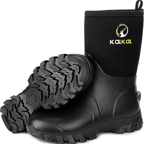 Kalkal Rubber Boots for Men - Mid Calf Rain Boots with 5mm Neoprene Insulated Work Boots Anti Slip Hunting Boots Waterproof Mud Boots for Gardening Outdoor Working Farming Fishing Size 8-13