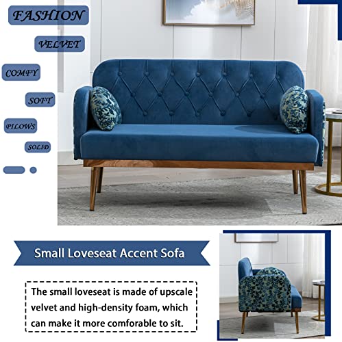 55-Inch Small Velvet Couch With Elegant Moon Shape Pillows, Twin Size Loveseat Accent Sofa With Golden Metal Legs, Living Room Sofa With Tufted Backrest, 600 Pounds Weight Capacity, Light Blue #TOP2