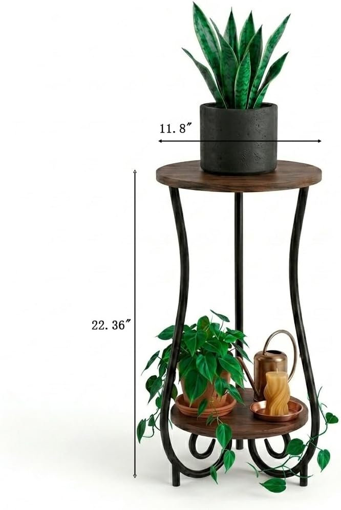 Plant Stand, 2 Tier Round Potted Holder Rack, Flower Pot Stand Shelf, Arc-Shaped Supports Rack, Corner Plant Shelf for Balcony Garden Patio Living Room, Indoor, Brown