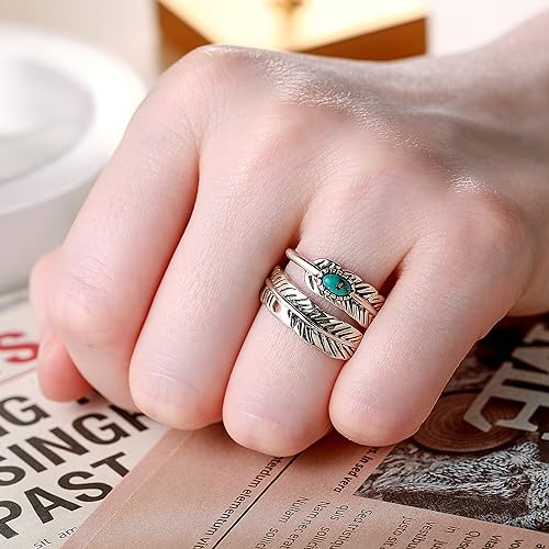 Avecon 925 Sterling Silver Ring Turquoise Rings Adjustable Feather Ring With Turquoise Stacking Ring Vintage Statement Ring For Women & Men thumb #4