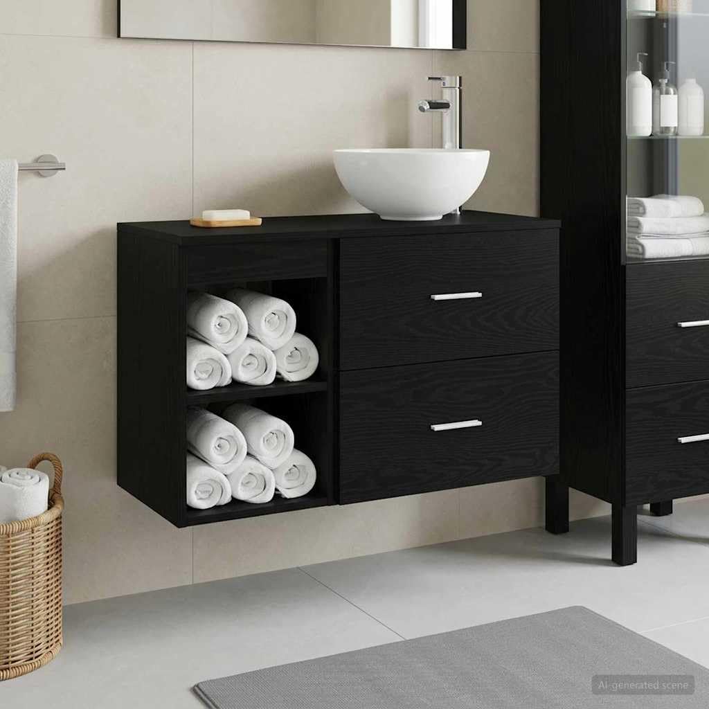 Set di mobili per il bagno 2 pezzi Rovere Nero in legno ingegnerizzato con armadietto e mobile lavabo a parete, con ampio spazio di archiviazione, ripiani e cassetti