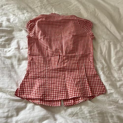 Women's Plaid Button Down Shirt Short Cap Sleeve V Neck Casual Blouse Tops for Woman4