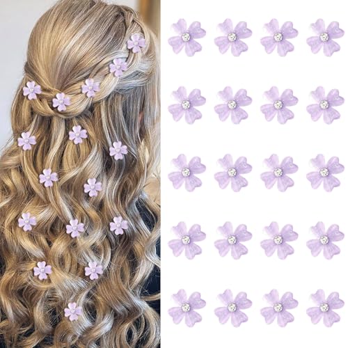 YISSION 20Pcs Mini Purple Flower Hair Clips with Rhinestone Cute Hair Pins Decorative Hair Clips Wedding Hair Barrettes Bridal Hair Accessories for Girls Women