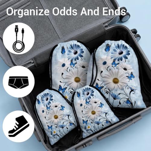 Image of Drawstring Storage Pouch Daisy Flowers Blue Cloth Shoe Bags for Gym Party Picnic