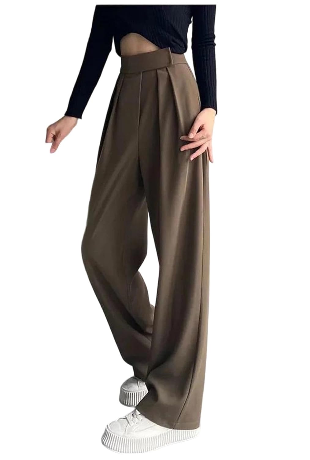 Womens Solid High-Waisted Retro Loose-Fitting Pocket Office Wide-Leg Suit Pants