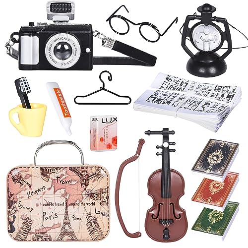 FORMIZON Wichtel Zubehör Set, 12pcs Miniatur Vintage Deko, Puppenhaus Zubehör, Wichteltür Zubehör mit Zahnbrüste Zahnpasta-Modell Bücher Brillen Kleiderbügel Kamera DIY Dekor Geschenk für Puppenhaus