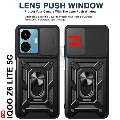 Image of AESTMO Tough Armor iQOO Z6 Lite 5G Bumper Back Case Cover | Ring Holder & Sliding Camera Shield Cover | 360 Degree Protection Back Case Cover for iQOO Z6 Lite 5G (Black)