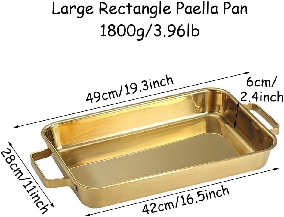 Rectangle Spanish Paella Pan, 304 Stainless Steel Skillet Pans with Dual Handles, Nonstick Deep Fish Roasting Pan Gold Seafood Pot for Home Restaurant or Camping,42cm/16.5inch