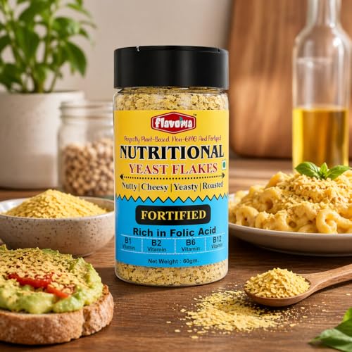 Image of Flavoma Nutritional FORTIFIED Yeast Flakes 60gm (Rich in Vitamin B1, B2, B6, B12), Source of Folic Acid, Gluten-Free, Vegan Cheese Flavor | Plant Based Seasoning for Cooking, Baking, and Snacks
