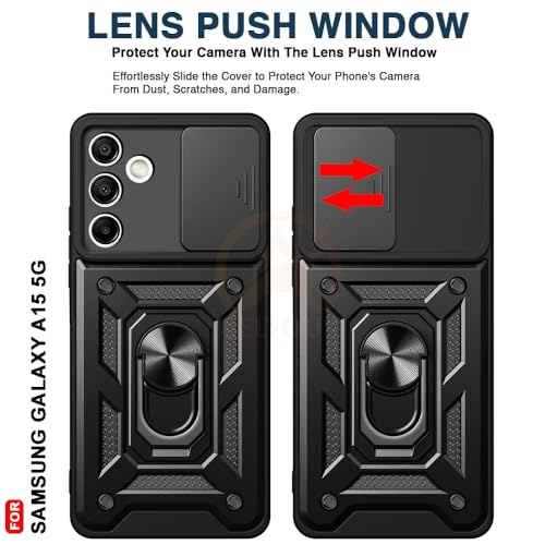 Image of Armor Bumper Back Cover Case for Samsung A15 Rotating Camera Cover, Ring Holder & Kickstand | Heavy Duty & 360 Degree Protection Samsung A15 Back Cover (Black)