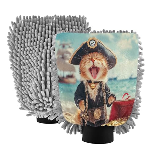 Hezely Pirate Cat Car Wash Mitt, 2PK Scratch Free Lint-Free for Car Washing and Detailing