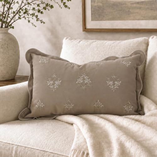 BlissBlush Lumbar Pillow Cover 12x20, Taupe Velvet Decorative Lumbar Pillow Cover, Floral Accent Cushion Cover with Embroidery and Scalloped Edge for Couch Sofa Bed, Cover ONLY - image 1